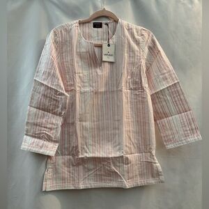 Untuckit Durfort Long Sleeve Collarless V-Neck Orange & White Stripe